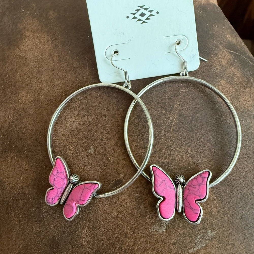 Pink Butterfly Hoop Earrings